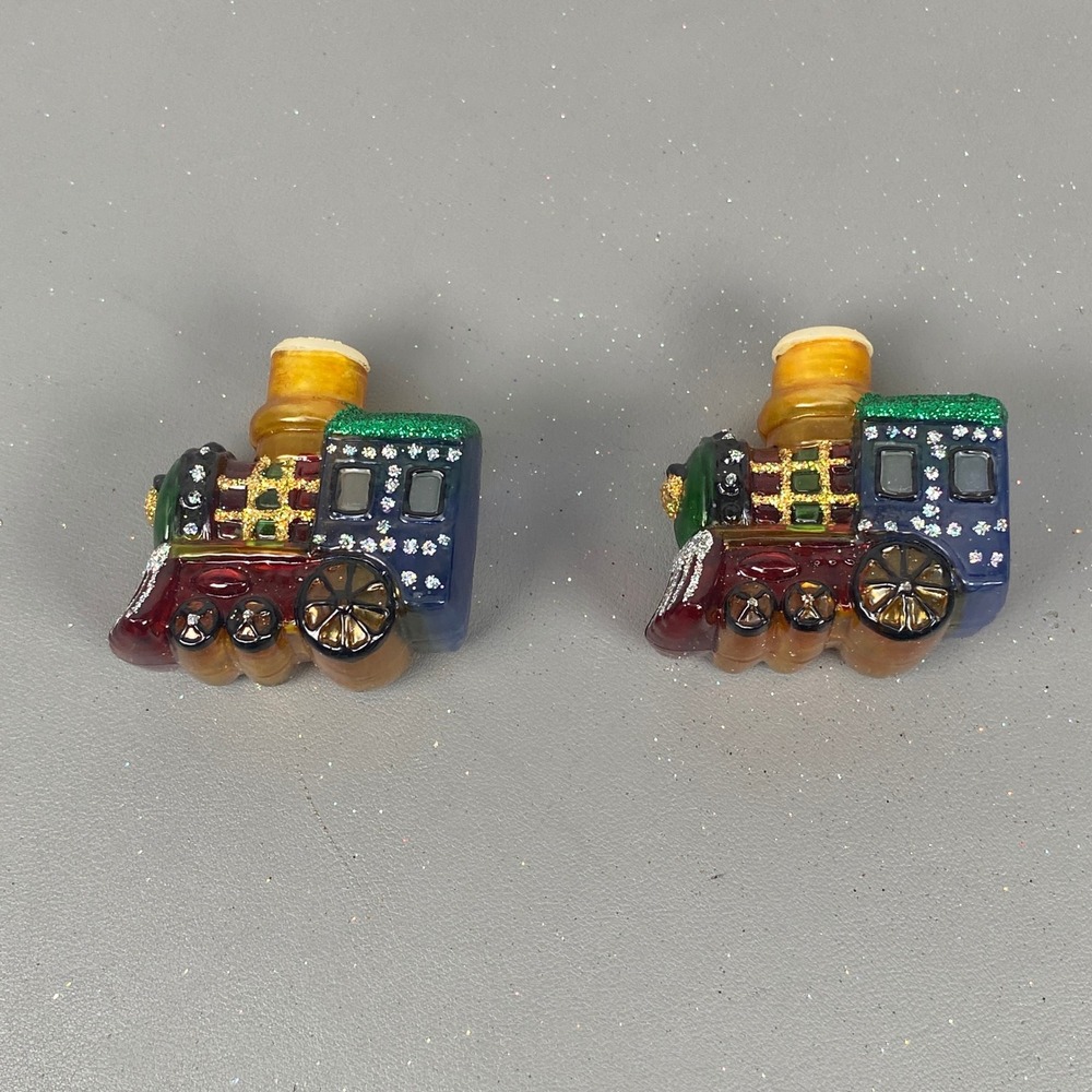 2 Old World Christmas Glass Train Holiday Light Covers Glitter Locomotive Set